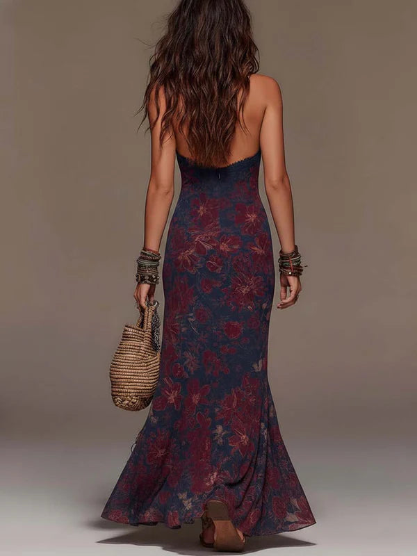 Vestido largo boho oscuro con estampado floral