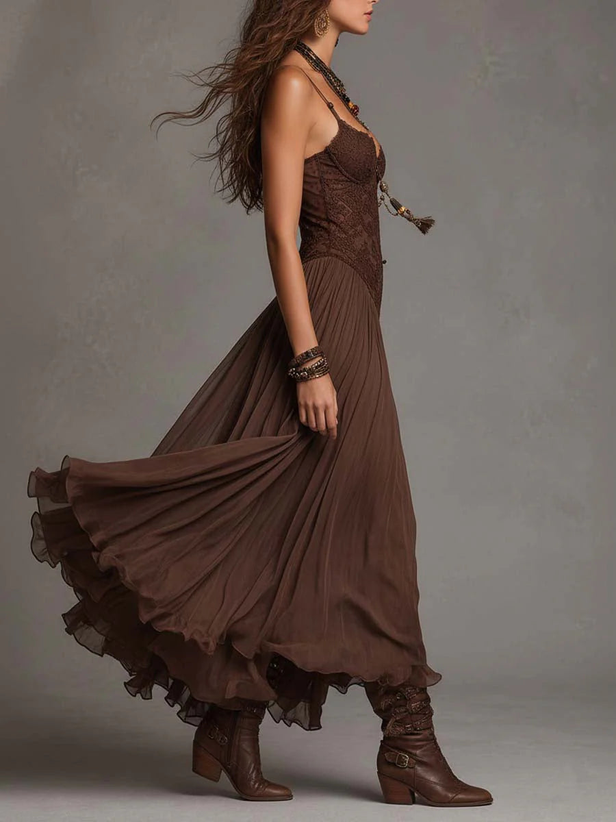 Vestido Boho Encaje Marrón Tirantes