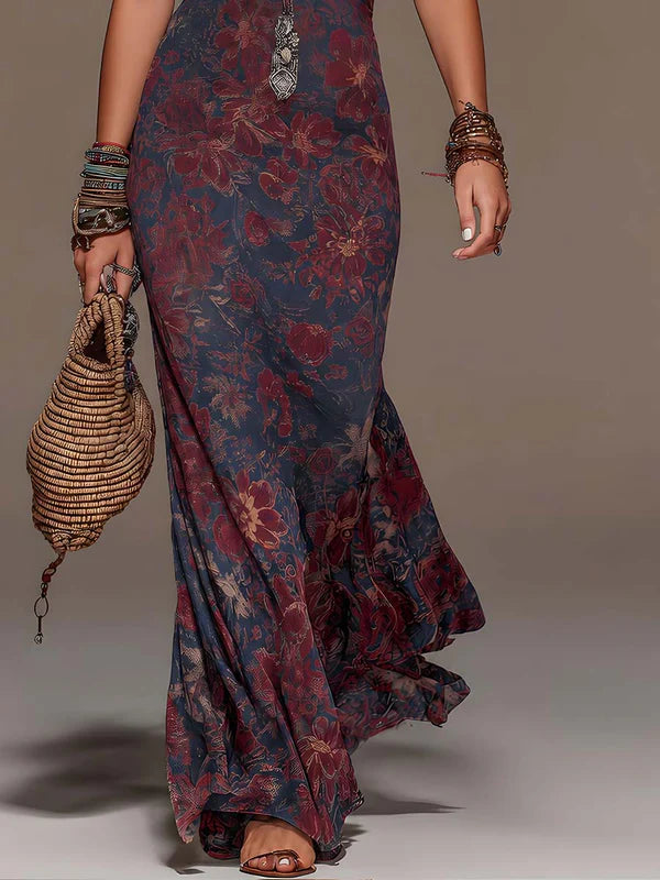 Vestido largo boho oscuro con estampado floral