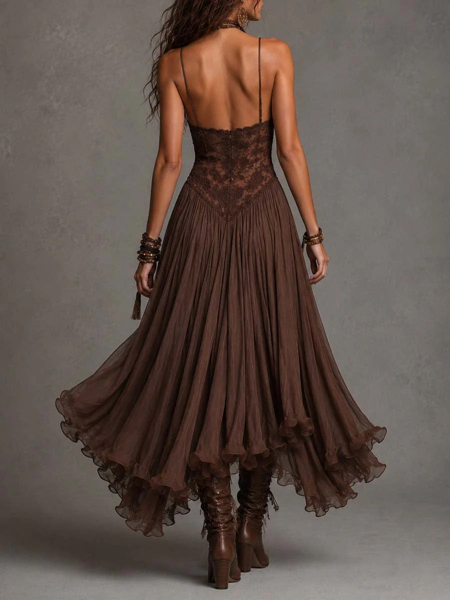 Vestido Boho Encaje Marrón Tirantes