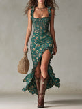 Vestido Largo Boho Volante Floral Verde