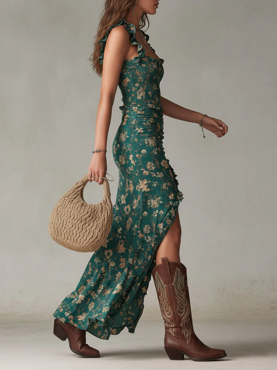 Vestido Largo Boho Volante Floral Verde