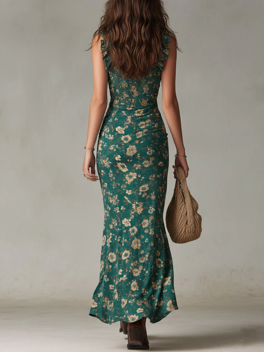 Vestido Largo Boho Volante Floral Verde