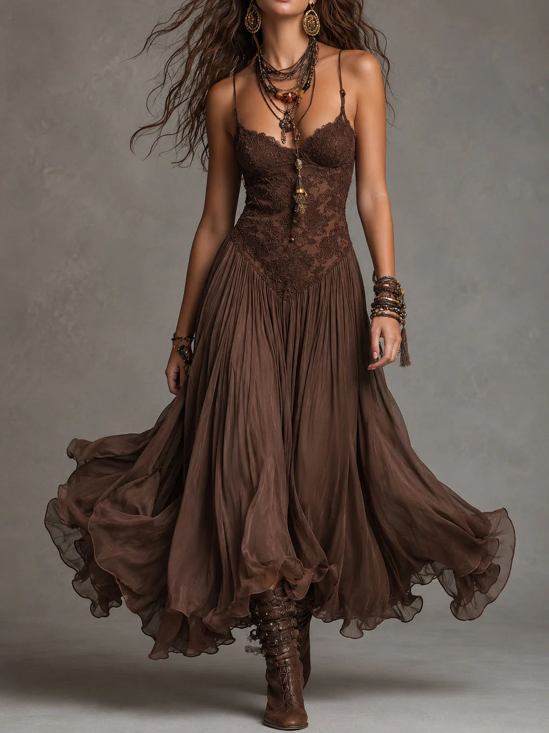 Vestido Boho Encaje Marrón Tirantes